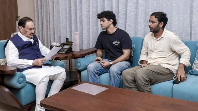 CJP representatives Saurav Das and Ashutosh Ranka meet with Union Minister J.P. Nadda during a high-level resolution meeting focused on dialogue between the student panel and the Central Government.