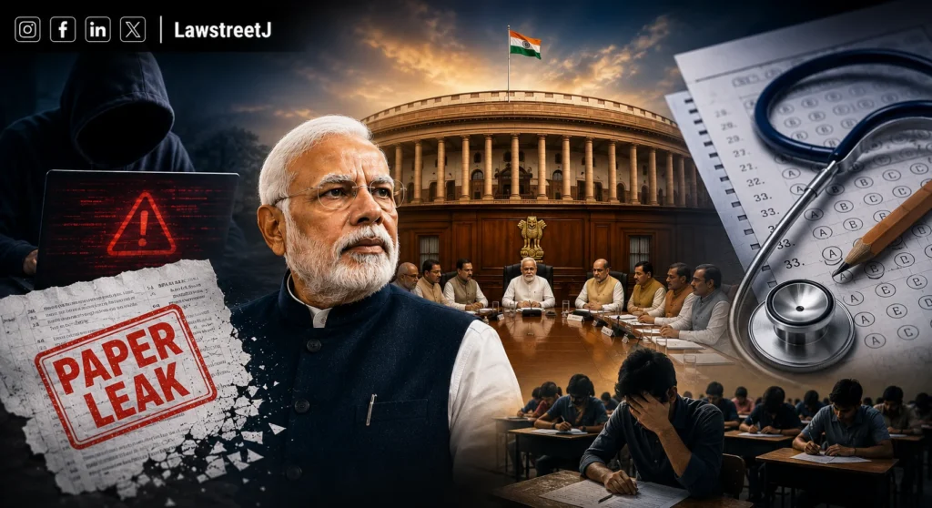 A courtroom gavel and examination papers symbolize proposed legislation introducing fines of up to ₹10 crore for institutional cheating in competitive examinations.