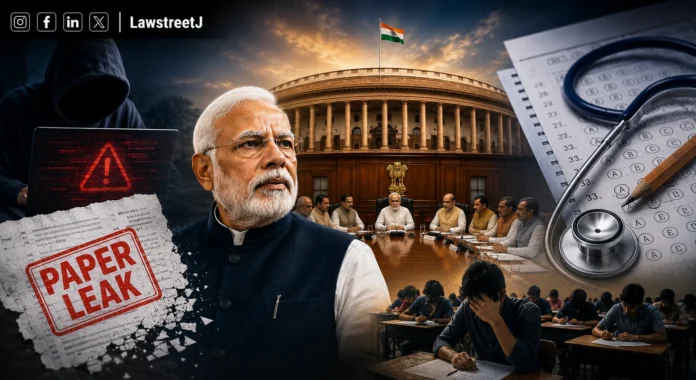 A courtroom gavel and examination papers symbolize proposed legislation introducing fines of up to ₹10 crore for institutional cheating in competitive examinations.