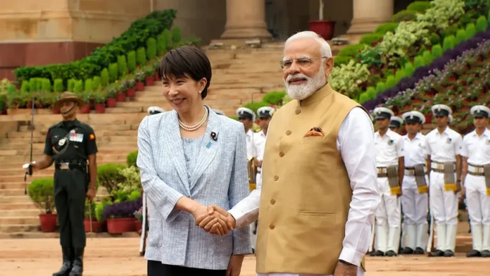 Japanese Prime Minister Sanae Takaichi and Indian officials during the India–Japan Annual Summit held in New Delhi.