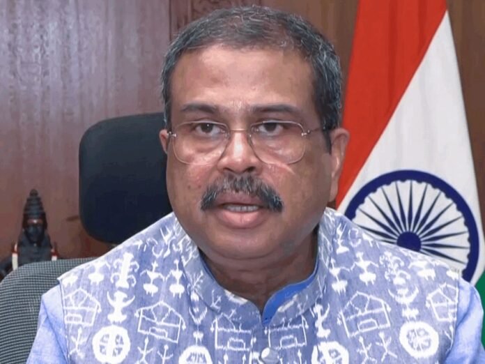 Union Education Minister Dharmendra Pradhan addresses officials before his resignation announcement following political developments surrounding the CJP agitation.