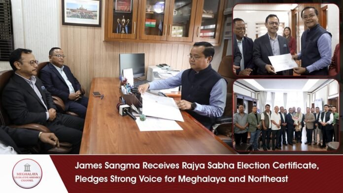 James Pangsang Kongkal Sangma takes the oath as a Rajya Sabha member after receiving his certificate of election.