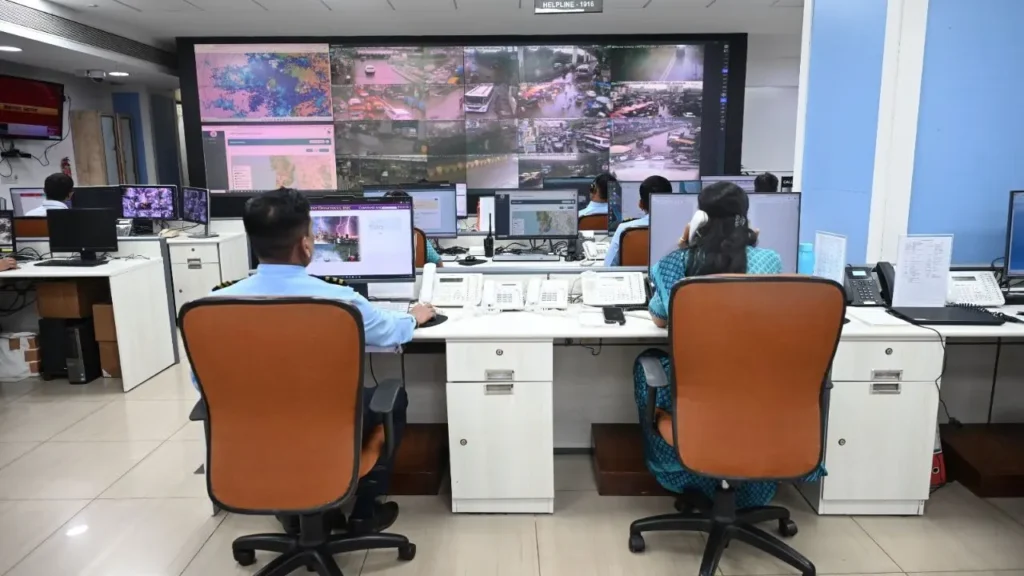 Officials monitor weather data inside a 24/7 Emergency Weather Operations Room at the Secretariat after the launch of the Disaster Helpline.
