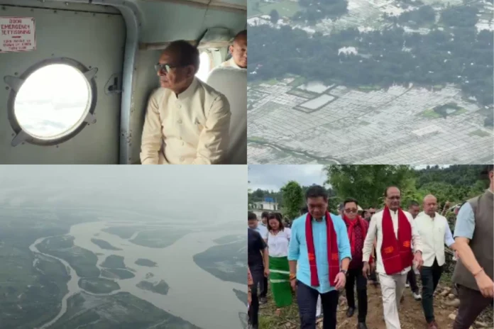 Union Minister Shivraj Singh Chouhan reviews flood-affected areas with officials during a monsoon assessment tour in Northeast India.