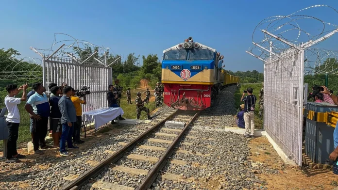 Engineers conduct a structural inspection of the Agartala-Akhaura international railway track to assess the condition of the cross-border rail infrastructure connecting India and Bangladesh.