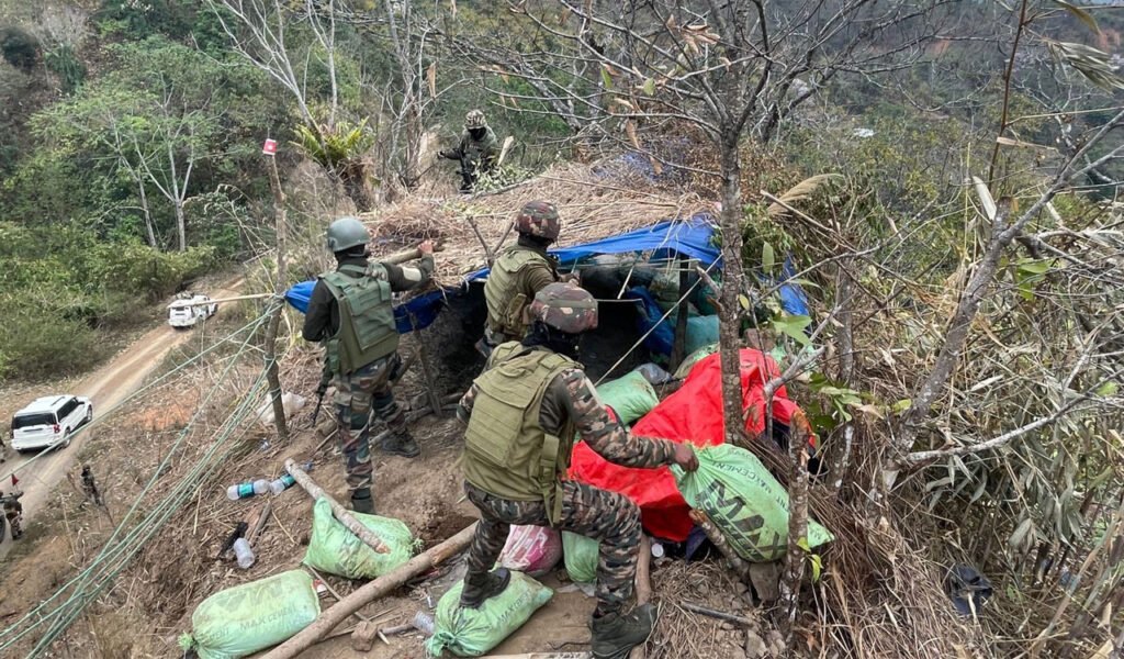 Alt Text Security personnel conduct an anti-insurgency operation while demolishing illegal bunkers in Ukhrul district, Manipur.