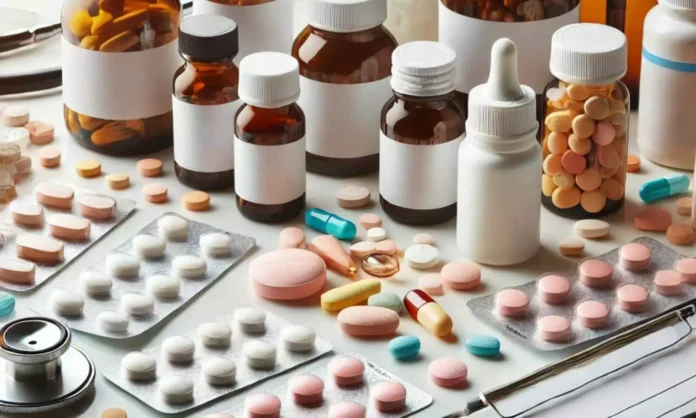 Hospital pharmacists organize emergency life-saving medicines in a government hospital pharmacy following a directive to provide essential drugs free of cost.