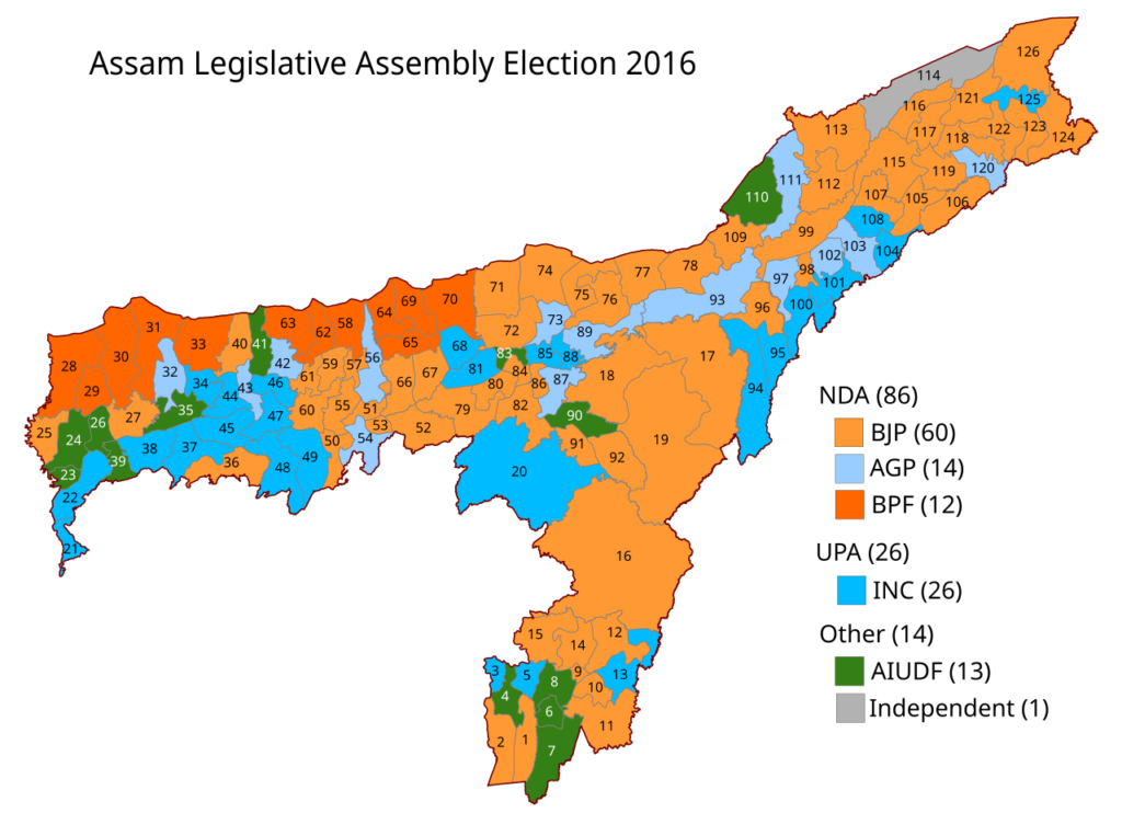Chart showing the BJP's 82-seat performance in the 126-member Assam Legislative Assembly following the election.