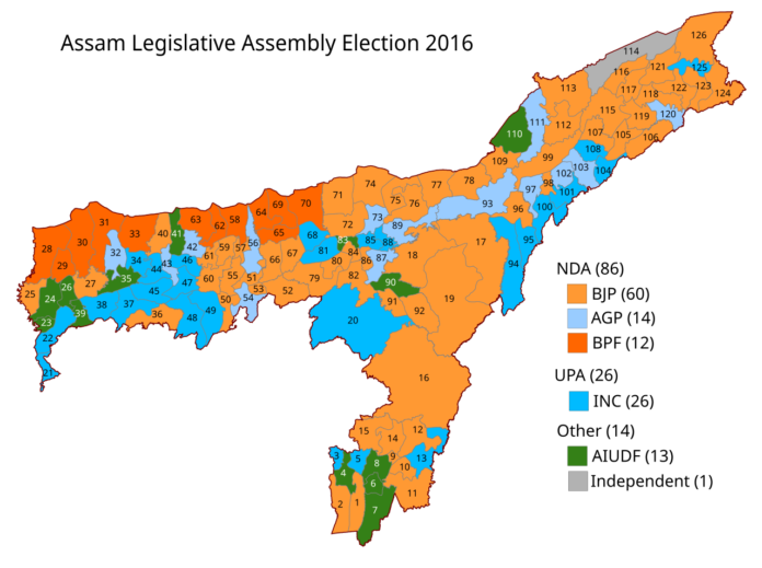Chart showing the BJP's 82-seat performance in the 126-member Assam Legislative Assembly following the election.