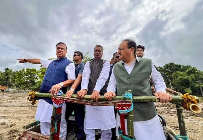 JP Nadda reportedly visits flood-affected Sivasagar as Assam's reported flood death toll reaches 95.