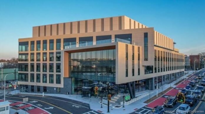 Modern laboratory buildings in Cambridge, Massachusetts, reflect expanding demand for biotech research space in the Boston area.