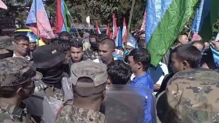 Pressure groups hold peaceful sit-ins in Shillong demanding implementation of the Inner Line Permit system in Meghalaya.
