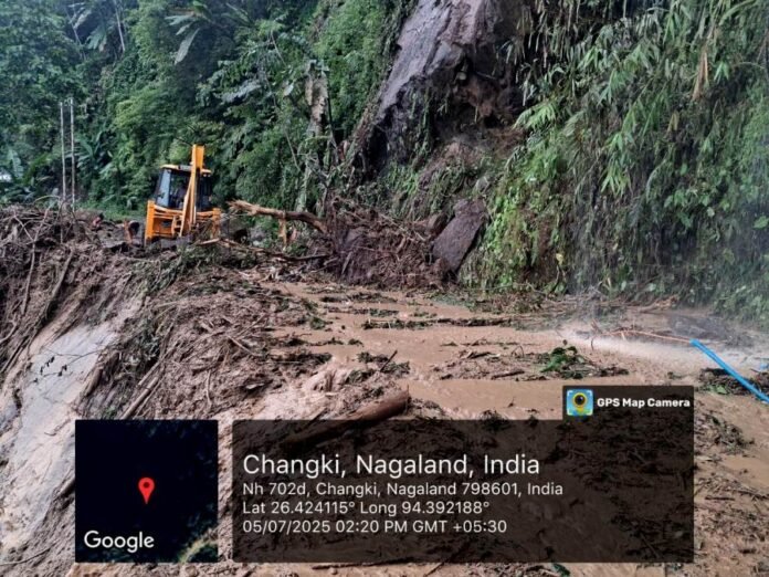 Landslides completely block vehicular traffic on NH-702A near New Colony in Nagaland, disrupting highway connectivity.