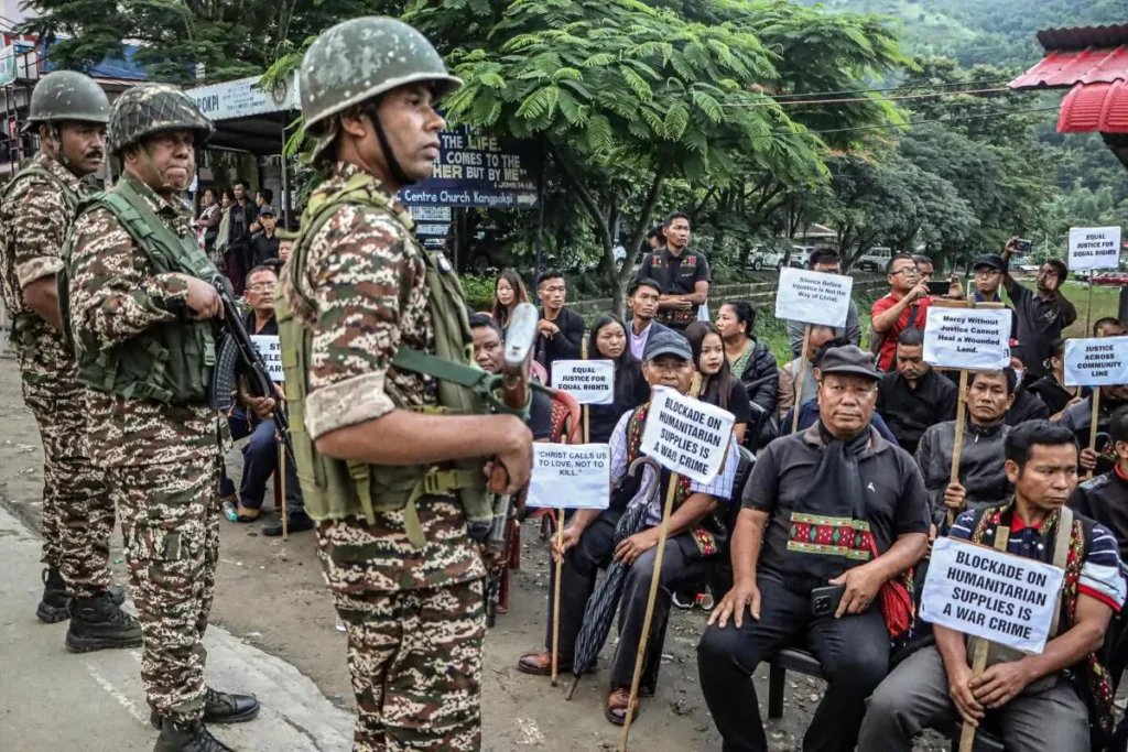 Bamboo and stone barricades reportedly disrupt VIP and government movements during a strike in Manipur.