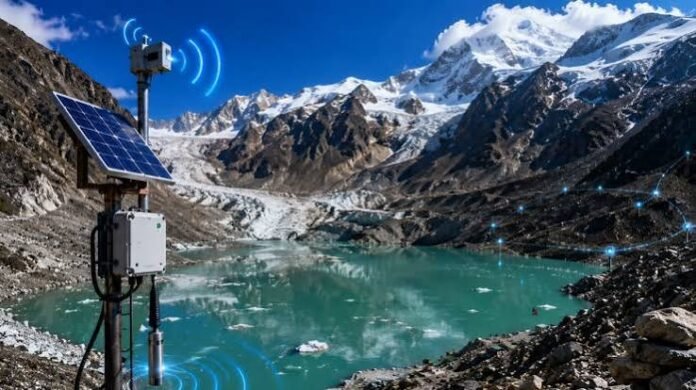 Satellite-linked sensors and scientific monitoring systems used to track high-risk glacial lakes for GLOF preparedness in Sikkim.