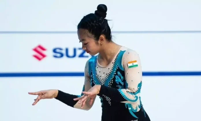 Manipur gymnast Ariha Pangambam celebrates her historic senior women’s individual gold at the Asian Aerobic Gymnastics Championships