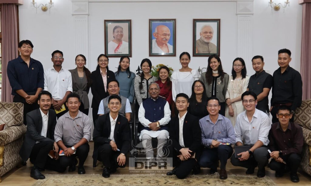 Nagaland Governor Nand Kishore Yadav interacts with Chief Minister's Fellowship Programme fellows at Lok Bhavan in Kohima.