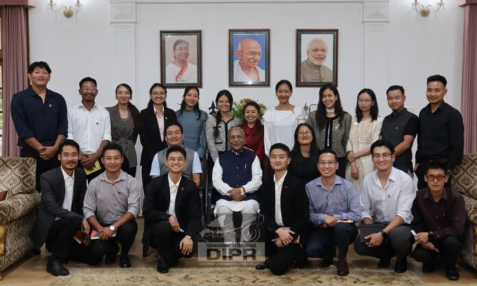 Nagaland Governor Nand Kishore Yadav interacts with Chief Minister's Fellowship Programme fellows at Lok Bhavan in Kohima.
