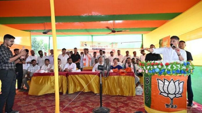 Assam Minister Pijush Hazarika addresses BJP election meeting in Laharighat, highlights flood protection and connectivity