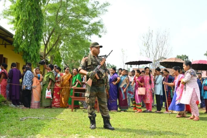 Voters and election officials prepare for polling across Village Committees under the Tripura Tribal Areas Autonomous District Council.