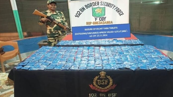 BSF troops seize Yaba tablets reportedly worth ₹50 lakh during a border-security operation in Tripura's Sepahijala district.