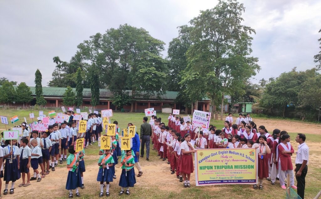 Teachers and students participating in foundational literacy and numeracy activities under the NIPUN Tripura initiative.