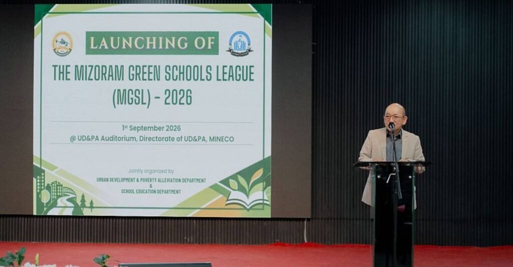 Students participate in a statewide school cleanliness initiative in Mizoram designed to promote sustainable hygiene and environmental habits.